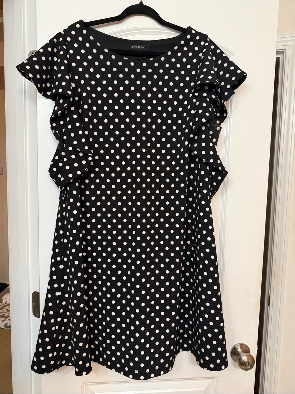 Lane Bryant Black Dress with White Polka Dots and Ruffle Sleeves